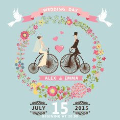 Floral wedding invitation Bride groom on retro bike
