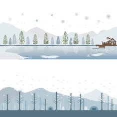 Cabin on Lake and Camping Mountain in Winter Landscape