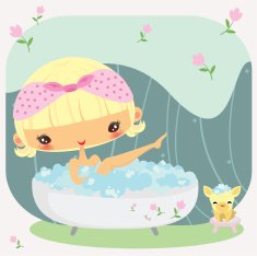 cute girl is having a bath with her pet dog
