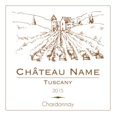 Vintage wine label with a hand drawn rural landscape