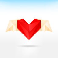 Red heart origami paper with wings on light background