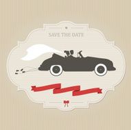 Vintage wedding invitation with retro car dragging cans N2
