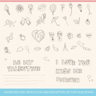 Valentine's Day Sketch Icon and Inscription Set for your design