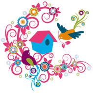 Birdhouse and Couple Bird in Whimsical Floral