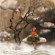 Girl sits swings on tree