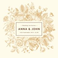 Vintage elegant wedding invitation with gold summer flowers