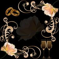Wedding card with pattern roses rings wine glasses black background