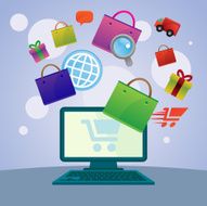 E-commerce icons coming out from a desktop pc