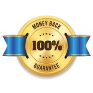 Gold money back badge with blue ribbon