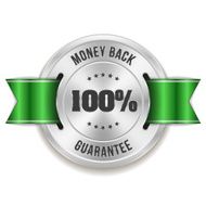Silver money back badge with green ribbon