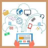 Hands holding tablet with user interface elements