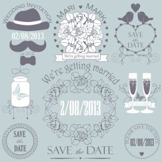 Decorative set of artistic wedding elements in grey colors