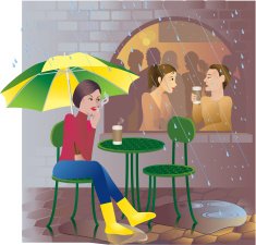 Woman Smoking and Sitting Outside Cafe in Rain N2