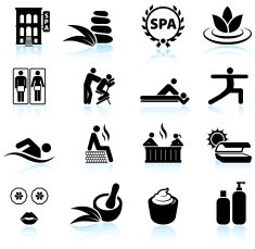 Urban spa and relaxation black & white vector icon set
