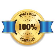 Gold money back badge with blue ribbon
