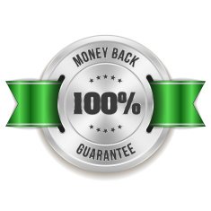 Silver money back badge with green ribbon