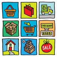 Hand drawn shopping and ecommerce block icons