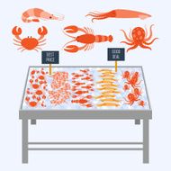 Supermarket shelves with fresh seafood