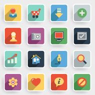 Basic modern flat icons with color buttons on gray background