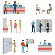 People in a bank interior flat vector icons set Banking N2