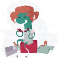 Little funny monster in dress choosing shoes at sale