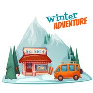 Winter adventure poster with ski shop Vector illustration