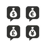 Money bag icons Dollar Euro Pound and Yen N11