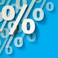 Percents white paper in the corner on a blue background N2