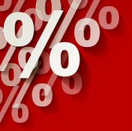 Percents white paper in the corner on a red background N2