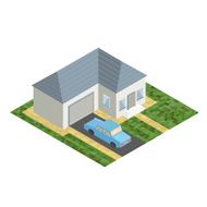 White isometric house with blue car isolated flat illustration N2