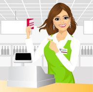 cashier pointing at a credit card in the supermarket