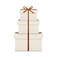 Stack of three realistic white gift boxes with brown ribbon N2