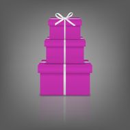 Stack of three realistic pink gift boxes with white ribbon
