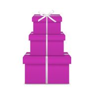 Stack of three realistic pink gift boxes with white ribbon N2