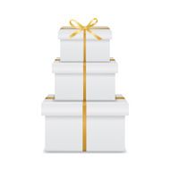 Stack of three realistic white gift boxes with golden ribbon N2