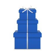 Stack of three realistic blue gift boxes with white ribbon N2