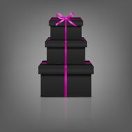 Stack of three realistic black gift boxes with pink ribbon