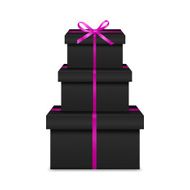 Stack of three realistic black gift boxes with pink ribbon N2