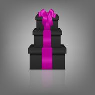 Stack of three realistic black gift boxes with pink ribbon N3