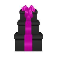 Stack of three realistic black gift boxes with pink ribbon N4