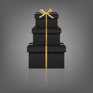 Stack of three realistic black gift boxes with golden ribbon