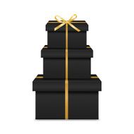 Stack of three realistic black gift boxes with golden ribbon N2