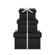 Stack of three realistic black gift boxes with white ribbon N2