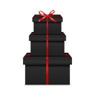 Stack of three realistic black gift boxes with red ribbon N2