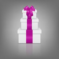 Stack of three realistic white gift boxes with pink ribbon N2