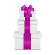 Stack of three realistic white gift boxes with pink ribbon N3