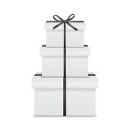 Stack of three realistic white gift boxes with black ribbon N2