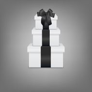 Stack of three realistic white gift boxes with black ribbon N3