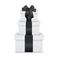 Stack of three realistic white gift boxes with black ribbon N4