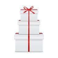 Stack of three realistic white gift boxes with red ribbon N2